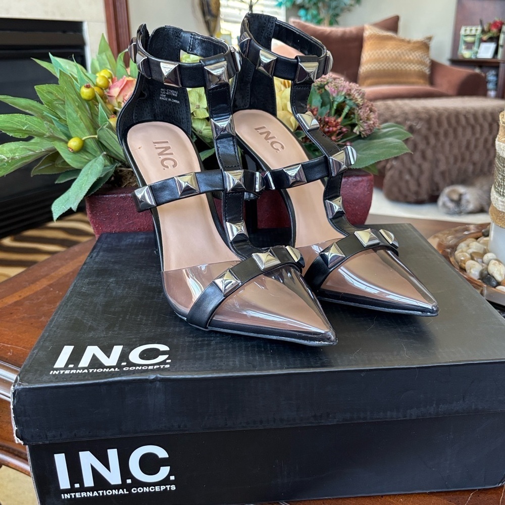 Brand New INC Syndia Pyramid Studded Black Stiletto Heels Clear Pointed Toe Cage